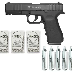 Pistola De Pressão Gas Co2 Wg Glock W119 Slide Metal Blowback 4,5mm + 05 Cilindro Co2 + 900 Esferas Aço