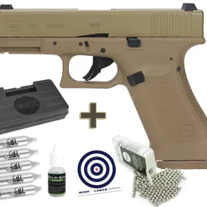 Pistola de Pressão CO2 Glock G19X Gen5 Coyote BB 4,5 Blowback – Licenciada + CO2 + Esfera de aço + Case + Óleo de silicone + Alvos