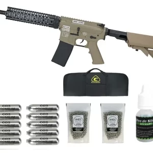 Rifle de Pressão CO2 FN Herstal M4 RIS SA Full Metal 4.5mm TAN – Cybergun + Co2 + Óleode silicone + Esferas + Capa